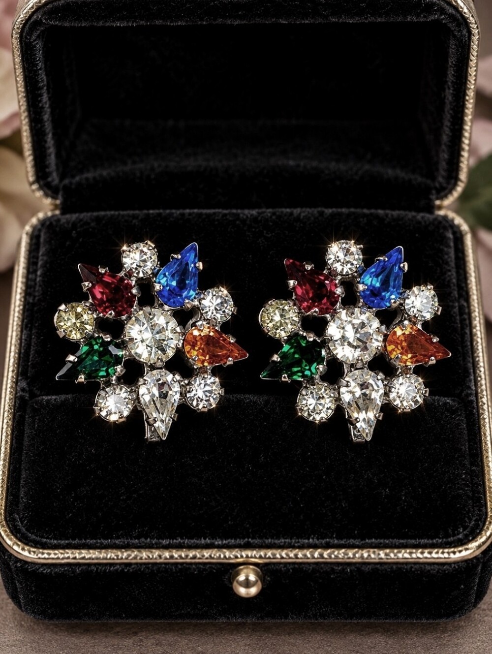B David Signed Multi Color Rhinestone Prong Set Vintage Clip Earrings Shoe Clips